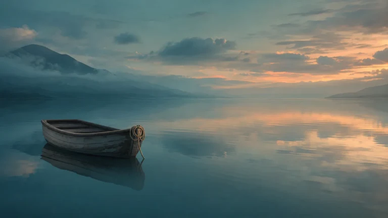暮色湖面漂着一只系绳空木船，远山倒映水中