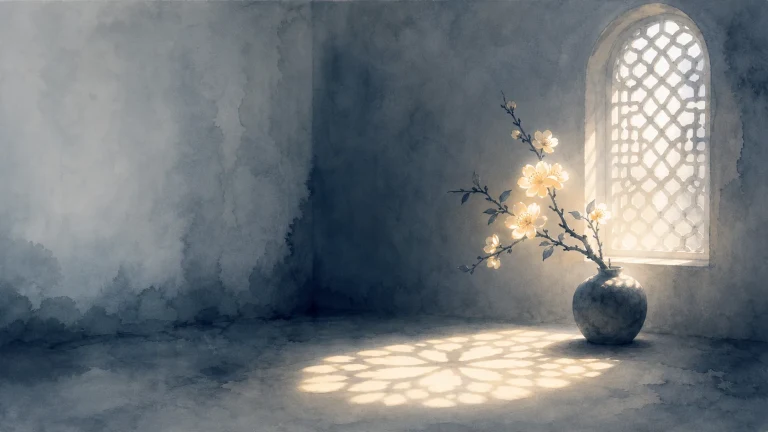 花枝陶瓶摆在格窗旁，窗格光影投在空房地面