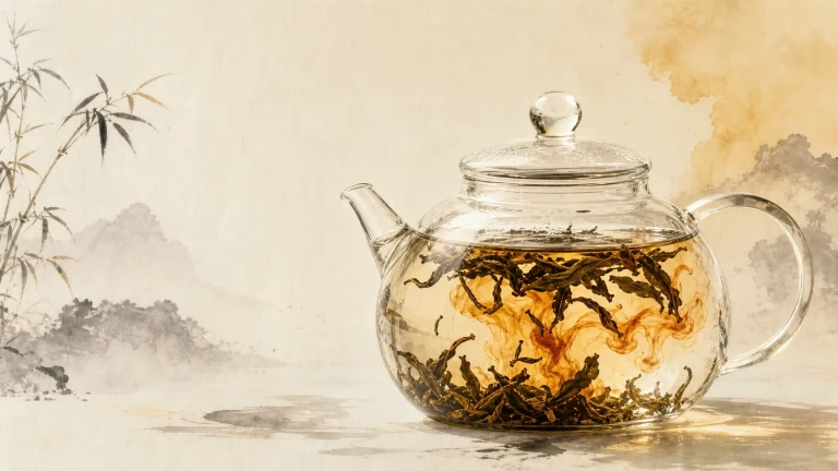 透明玻璃壶中的茶叶在金色茶汤里舒展，背景为淡墨山竹