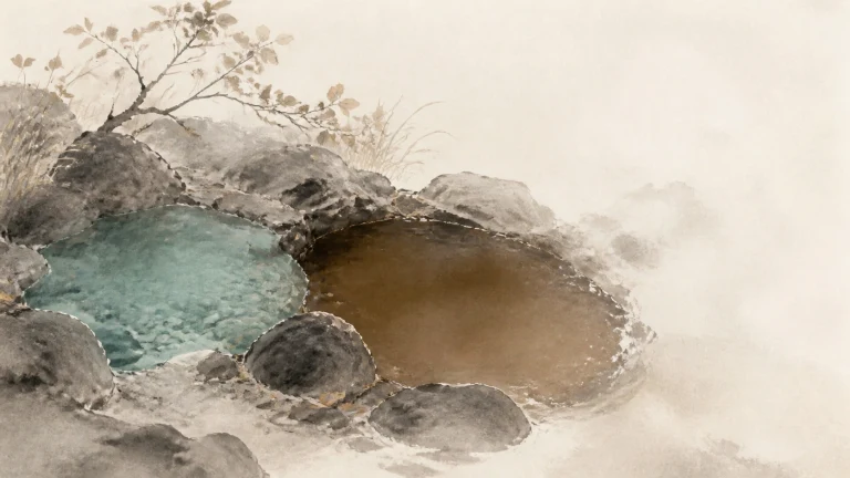 雾气山石间并列着一蓝一棕两处圆形水池