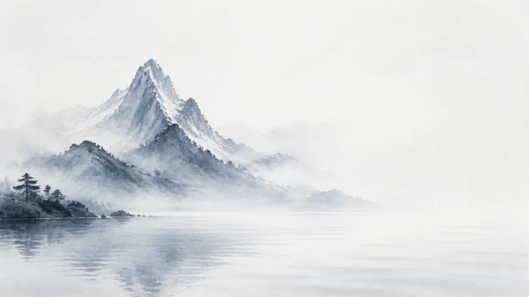 淡墨雪峰与湖岸松林倒映在平静水面
