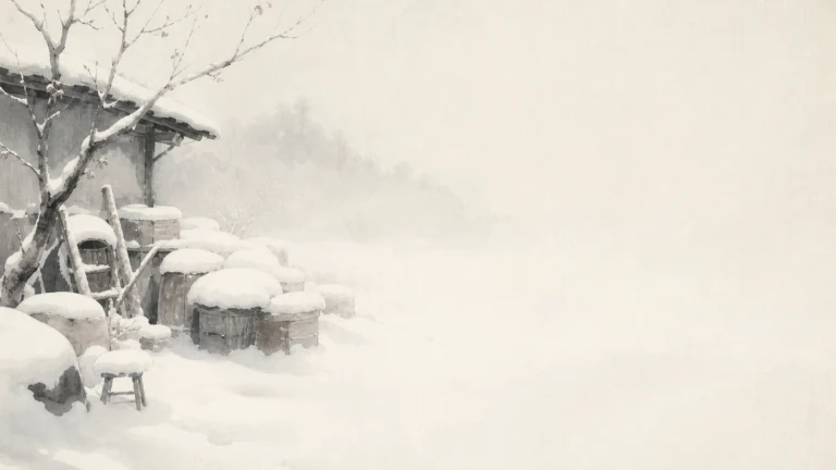 厚雪覆盖庭院桌椅与树枝，远处隐入白色雾气