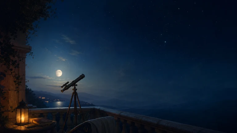 月夜阳台上的望远镜朝向星空与远山