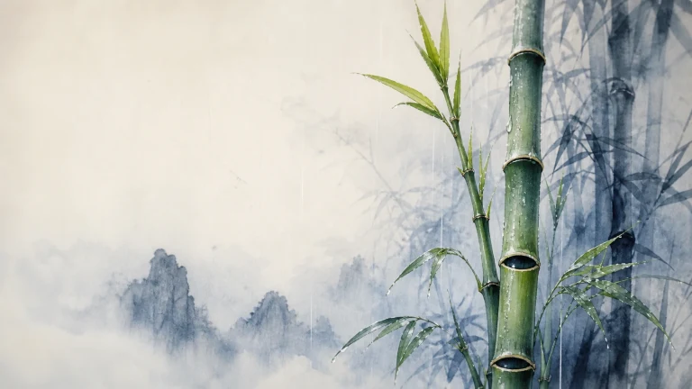 翠绿竹竿生长在淡墨云山与竹影前