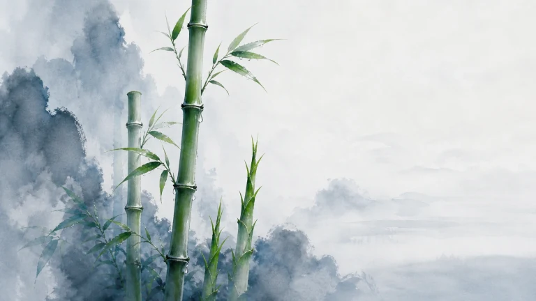 几株翠竹生长在蓝灰水墨山雾前