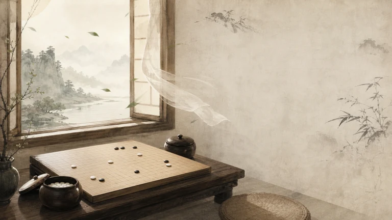 摆有黑白棋子的棋盘放在临湖窗边矮桌上