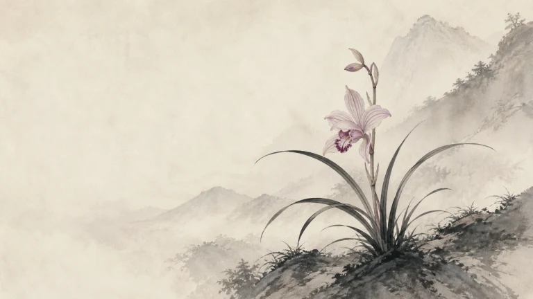 淡紫兰花生长在水墨山坡与云雾群峰间