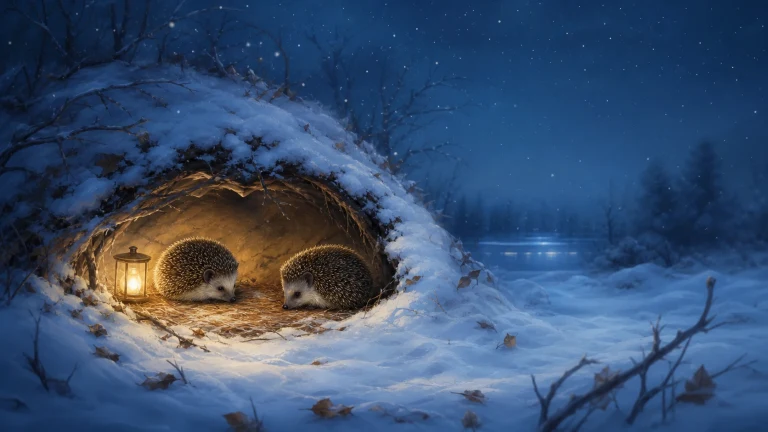 两只刺猬在雪地洞穴中靠近一盏暖色提灯