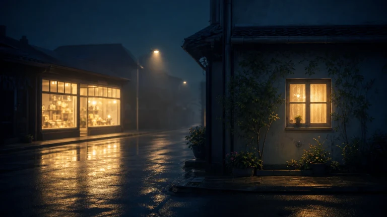 雨夜老街两侧店铺亮着暖灯，湿润路面映出灯光