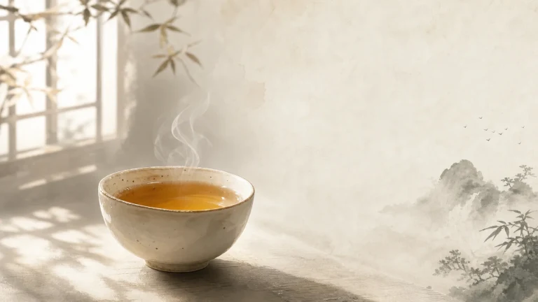 冒着热气的浅色茶碗放在淡墨山竹背景前