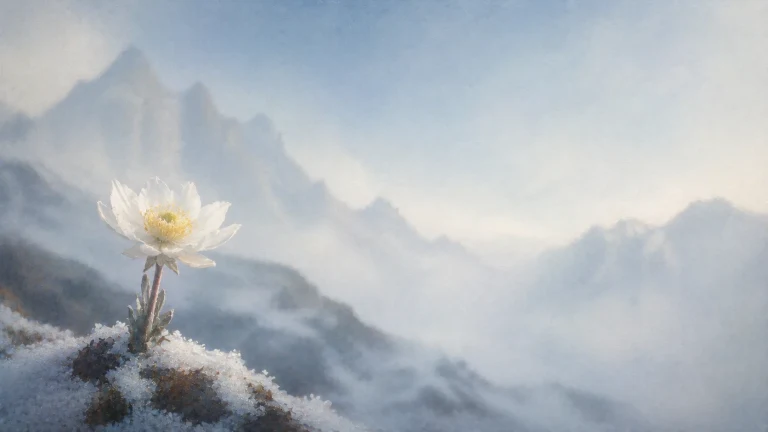 一朵白花从覆雪山坡长出，远处群峰隐入薄雾