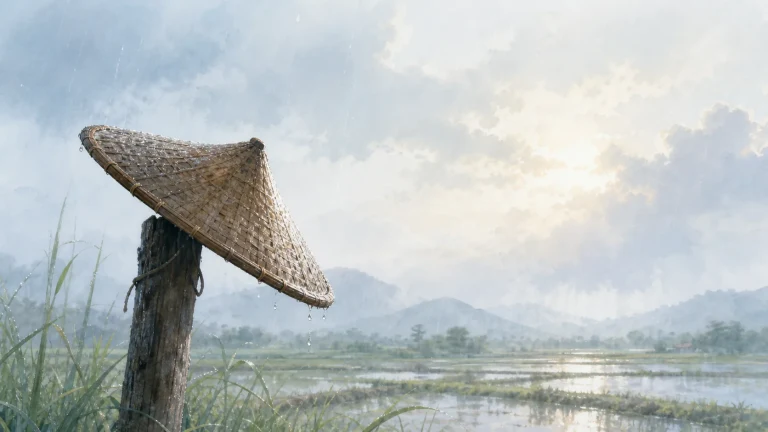 一顶编织斗笠挂在稻田边的木桩上