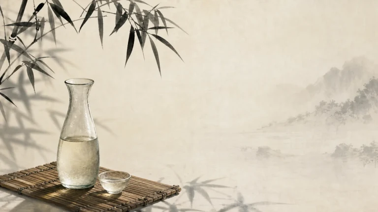 透明酒壶与小杯放在竹席上，背景绘有淡墨山竹