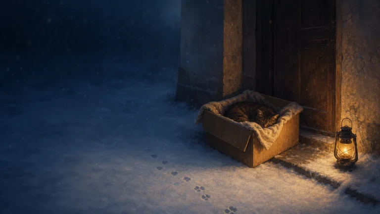 一只猫蜷睡在雪夜门口的纸箱里，旁边灯笼亮着暖光