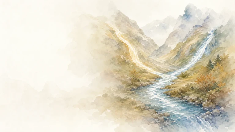 蓝色溪流从水彩群山瀑布间蜿蜒流向前景