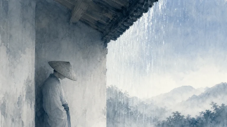 戴斗笠的人站在屋檐下躲避倾泻大雨，远处群山朦胧