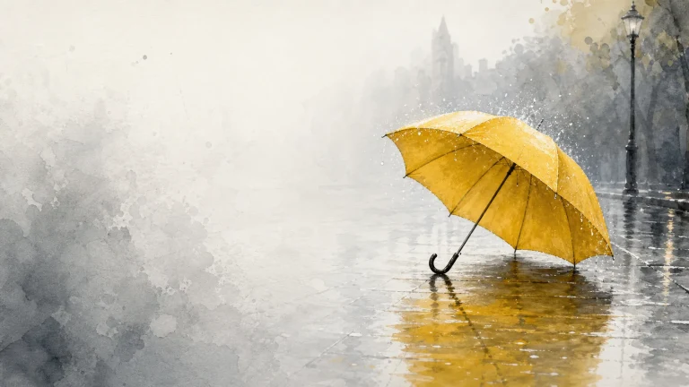 黄色雨伞独自撑开放在积水街面，倒影映在水中