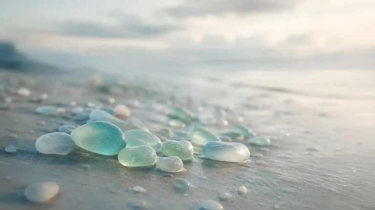 浅蓝绿色海玻璃与白色圆石散落在潮湿沙滩