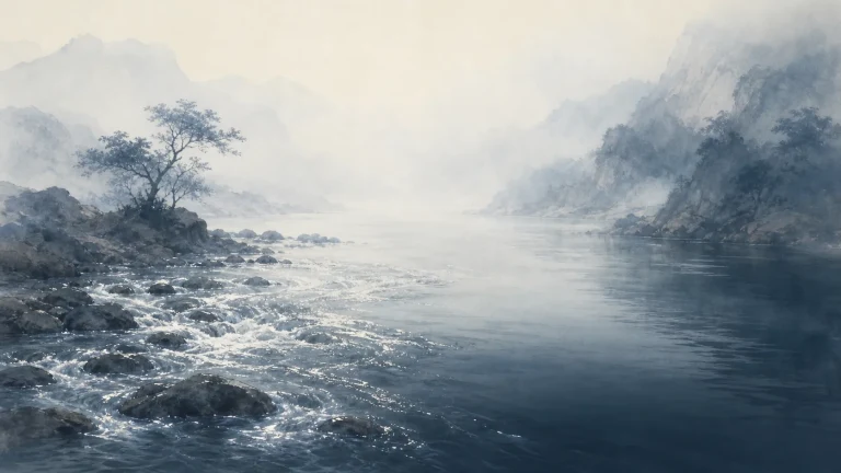 雾色群山间河水从浅滩流入平静深水区