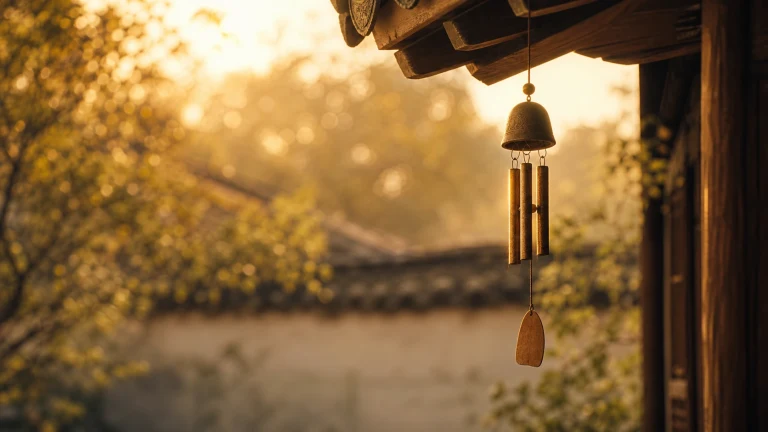 金属风铃悬在夕阳庭院屋檐下，叶片映着暖光