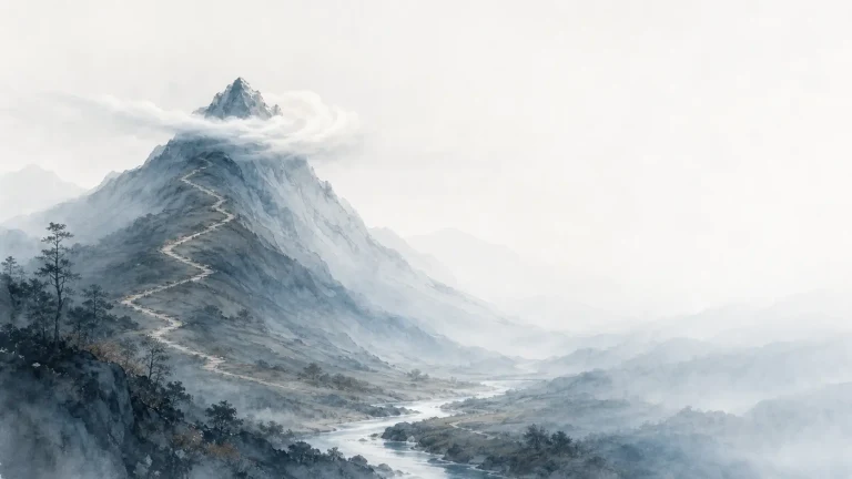 曲折山路从河谷盘旋通向云雾雪峰