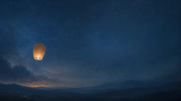 一盏橙色天灯升入深蓝夜空，远处群山沉入暮色