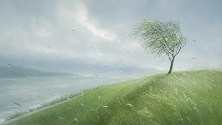 一棵细柳在风中弯向湖面，绿叶飘过草坡