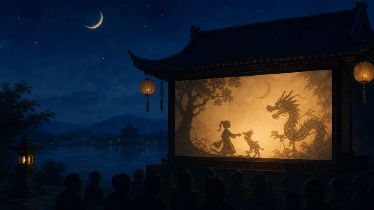 月夜湖边的露天幕布上演出人与龙的皮影戏