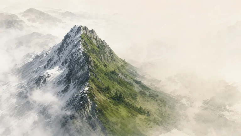 半侧覆雪半侧翠绿的山峰耸立在云雾间