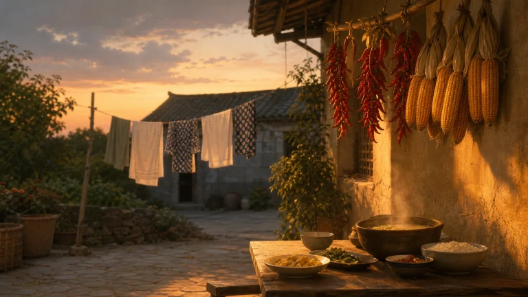 夕阳院落中晾着衣物，屋檐下挂着玉米与红辣椒，桌上摆着饭菜