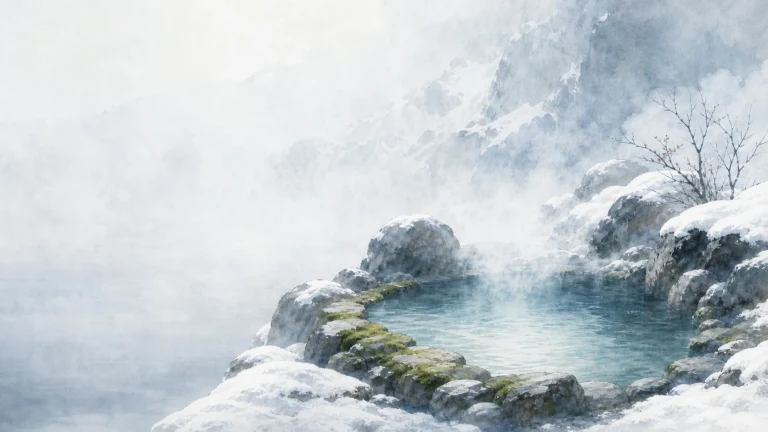 积雪环绕的山间露天温泉冒着白色热气