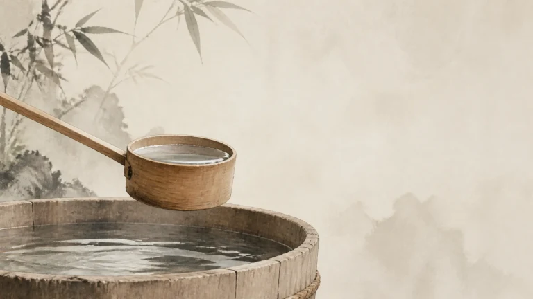 长柄木水勺舀起石盆中的清水，水面泛起涟漪