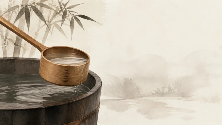 长柄木水勺从圆形木桶中舀起清水