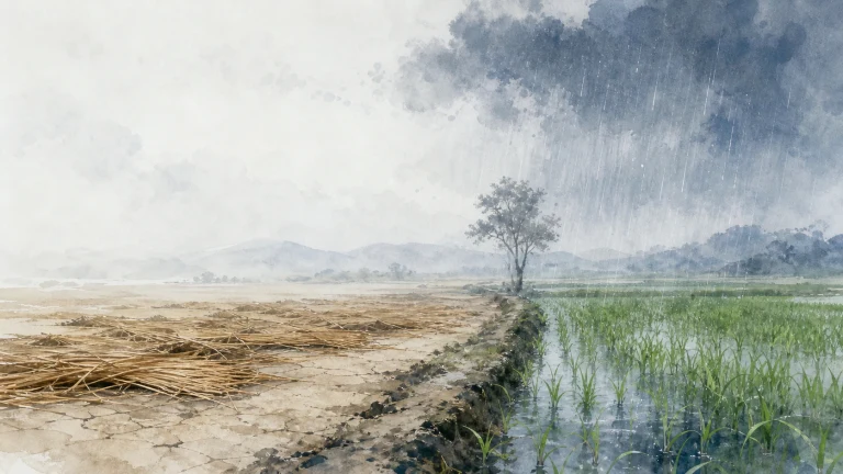 雨云下干裂田地与积水稻田分列小路两侧，中央立着一棵树