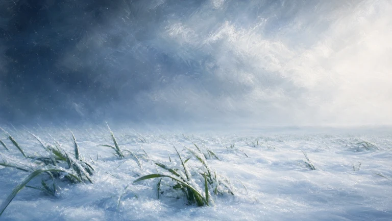 风雪掠过覆雪原野，弯曲草叶从积雪中露出