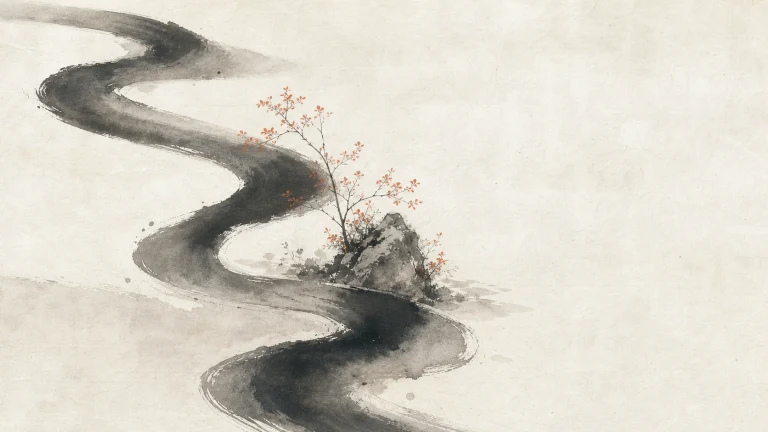 水墨河道蜿蜒穿过浅色画面，岸边岩石旁长着一株红花小树
