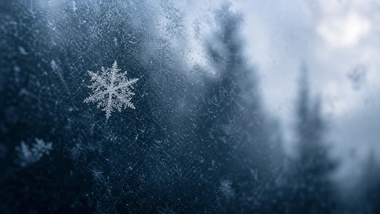 一枚清晰雪花结晶附着在覆霜的深蓝玻璃上