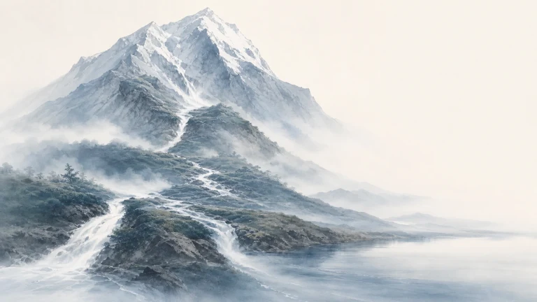 雪峰上的多股水流穿过岩石汇入山脚湖泊