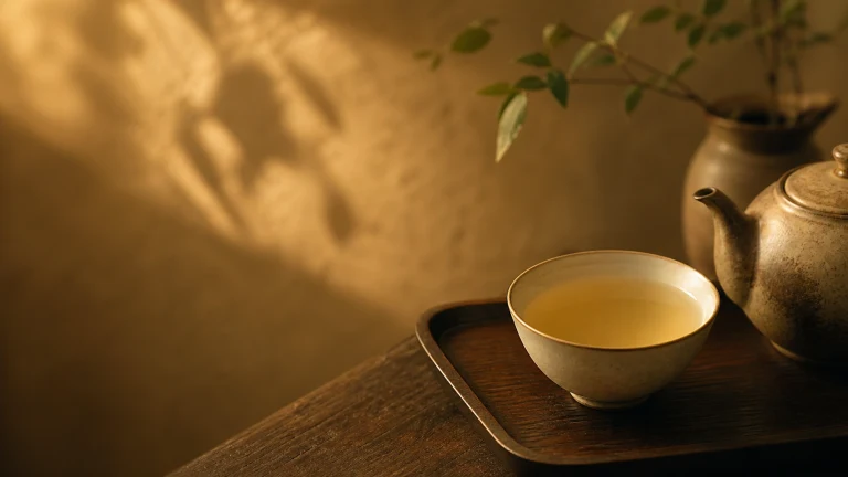一杯浅黄色茶放在木托盘上，旁边摆着旧茶壶
