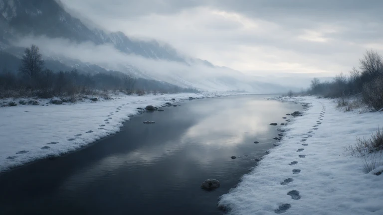 结冰河流穿过覆雪山谷，两侧雪岸留有成排脚印