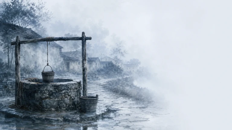 薄雪覆盖村边旧石井，木架上垂着水桶
