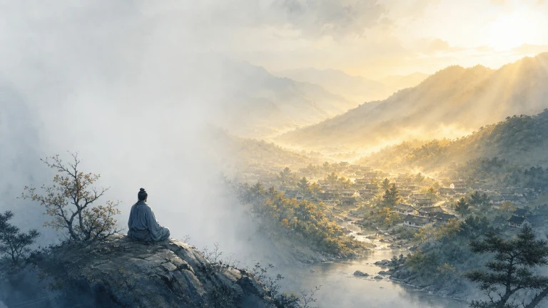 一人背对画面坐在山崖上，俯瞰晨光与云雾笼罩的山谷村落
