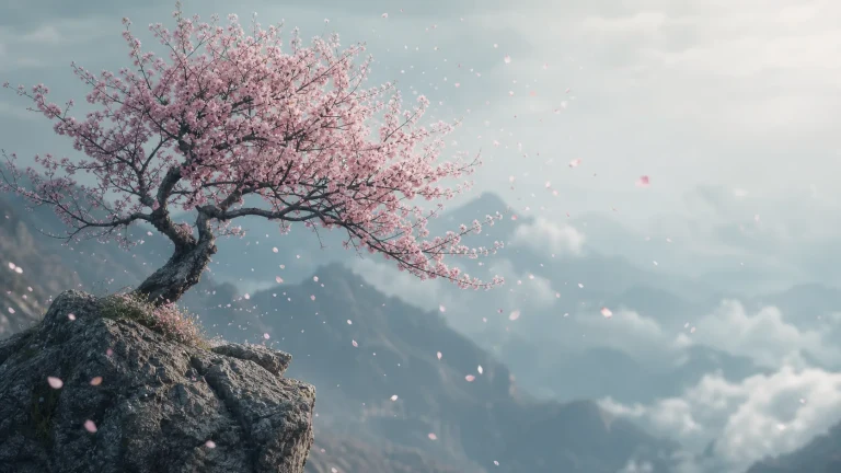 粉色花树生长在云海山崖上，花瓣随风飘散
