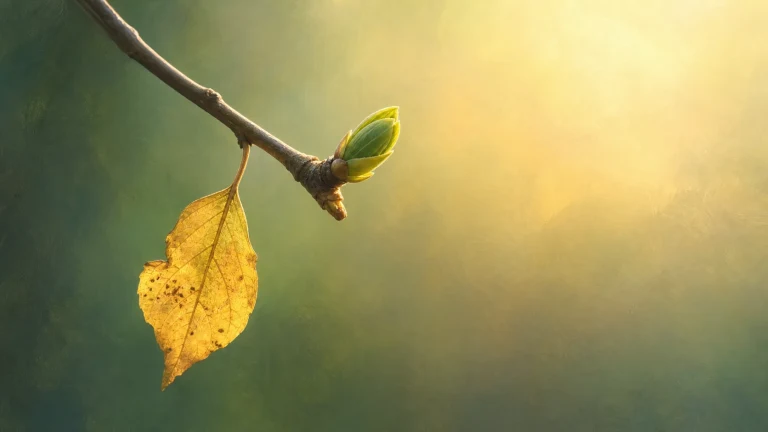 细枝上一片枯黄老叶与一枚绿色新芽并存