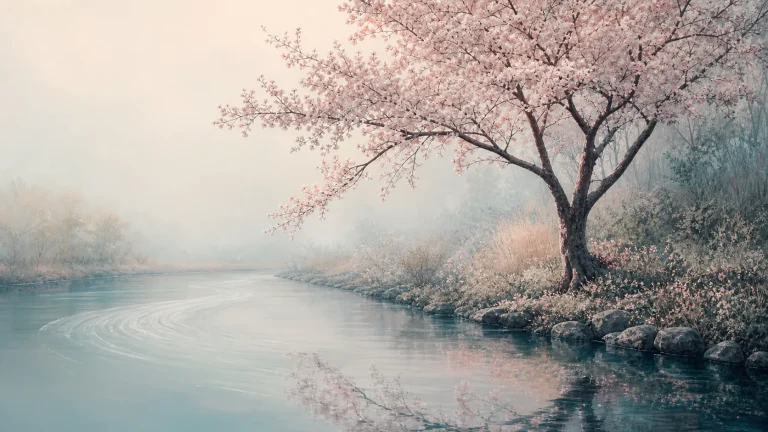粉花树立在平静河岸，花枝与天空倒映水中