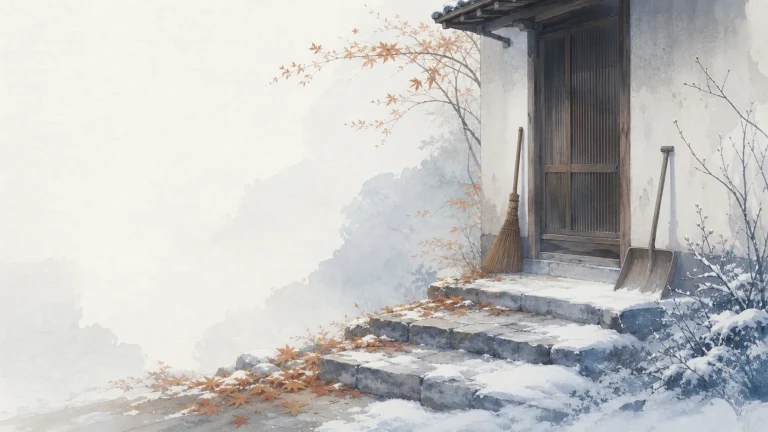 覆雪石阶通向山屋木门，门旁靠着扫帚和铁铲