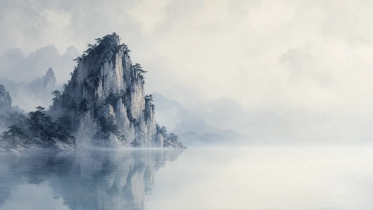 陡峭石峰如小岛般立在平静雾湖中，水面映出山影