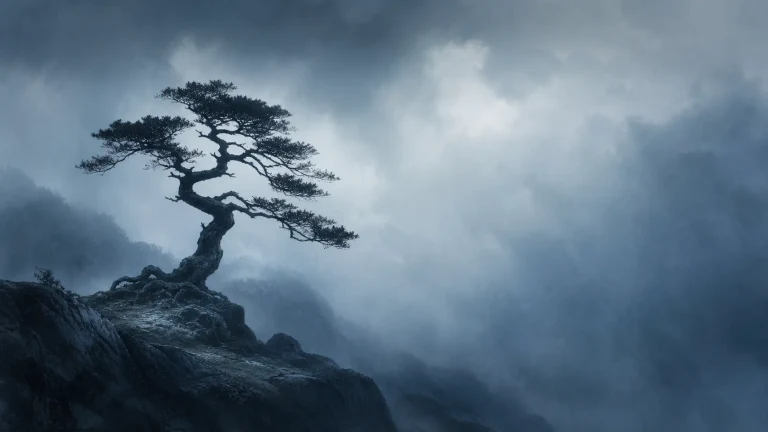 一棵孤松扎根在阴云笼罩的高山岩脊