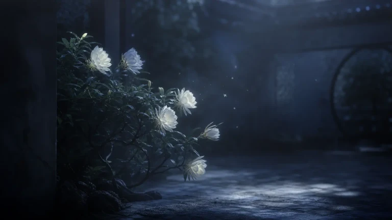 白色花丛在深蓝月夜庭院中被一束冷光照亮