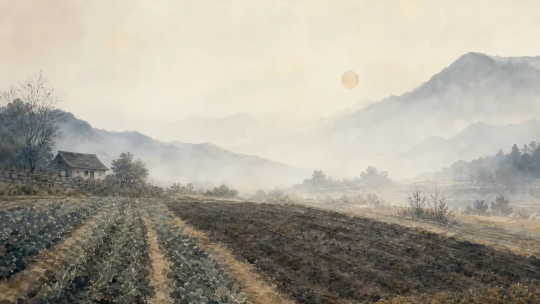 晨雾山脚下大片耕地排列整齐，远处有一座小屋